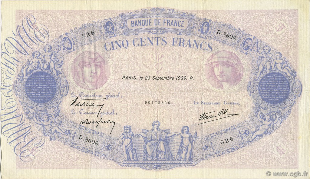 500 Francs BLEU ET ROSE modifié FRANCE  1939 F.31.41 pr.SUP