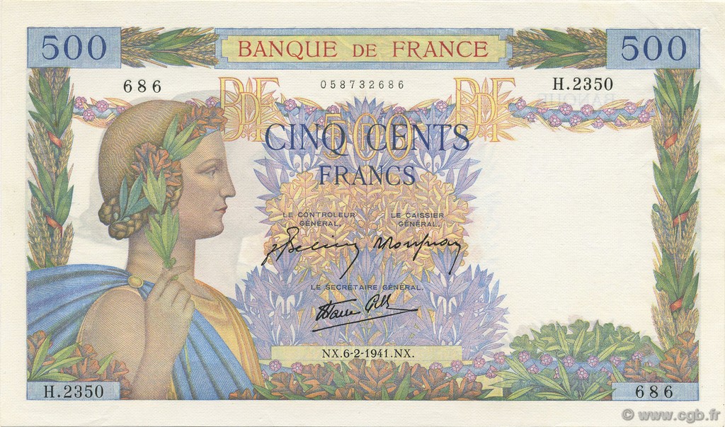 500 Francs LA PAIX FRANCE  1941 F.32.14 SPL