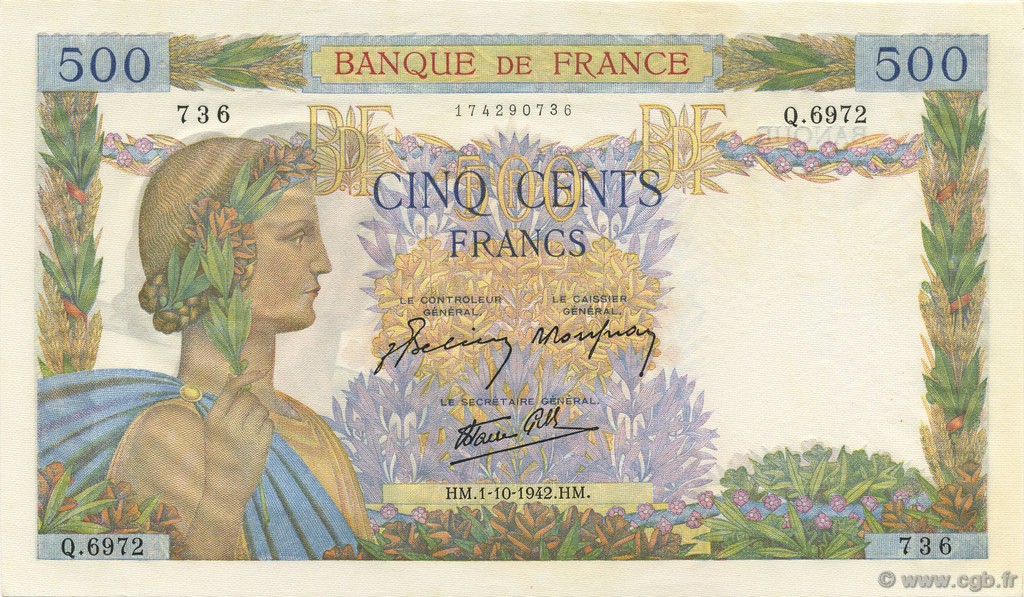 500 Francs LA PAIX FRANCE  1942 F.32.41 NEUF