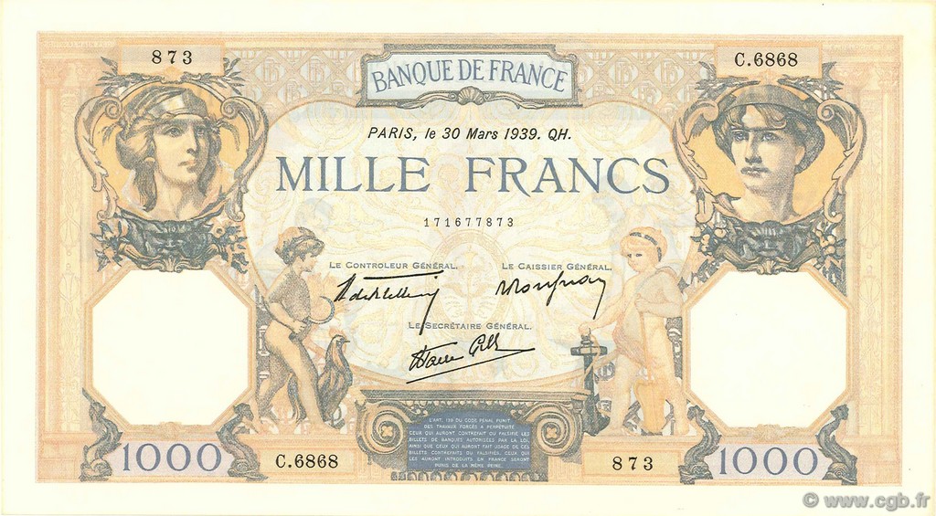 1000 Francs CÉRÈS ET MERCURE type modifié FRANCE  1939 F.38.35 SUP à SPL