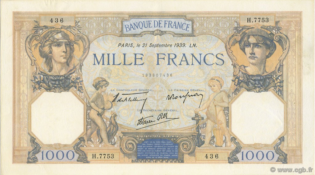 1000 Francs CÉRÈS ET MERCURE type modifié FRANCE  1939 F.38.37 SUP à SPL