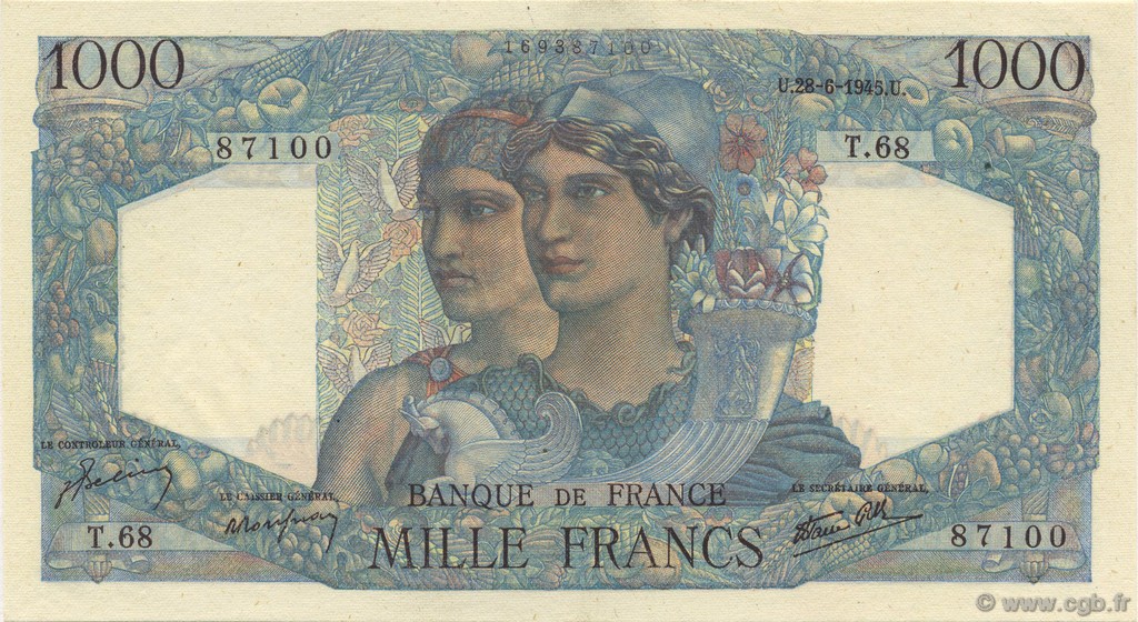1000 Francs MINERVE ET HERCULE FRANCE  1945 F.41.05 pr.NEUF