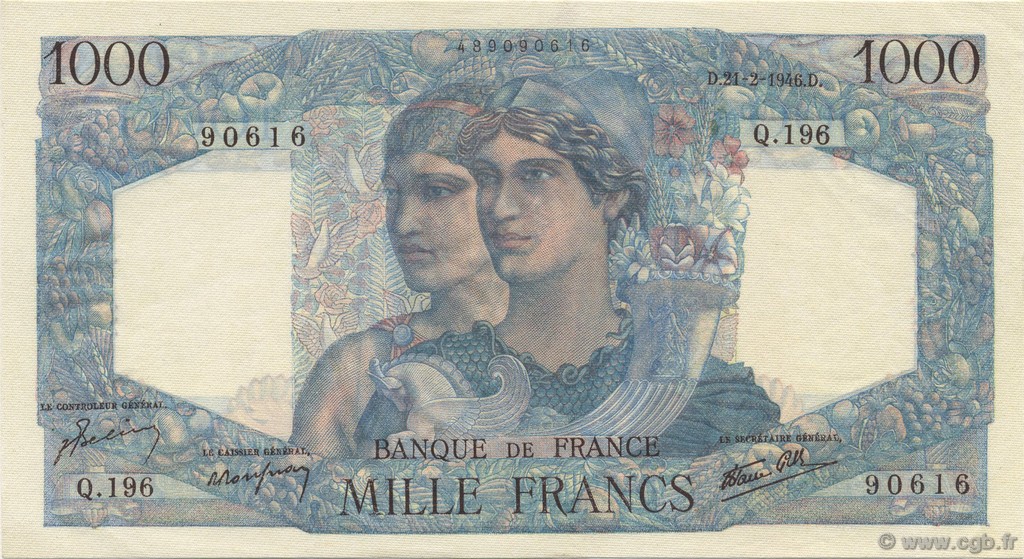 1000 Francs MINERVE ET HERCULE FRANCE  1946 F.41.11 pr.NEUF