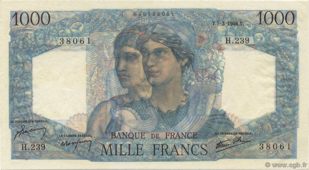 1000 Francs MINERVE ET HERCULE FRANCE  1946 F.41.12 NEUF