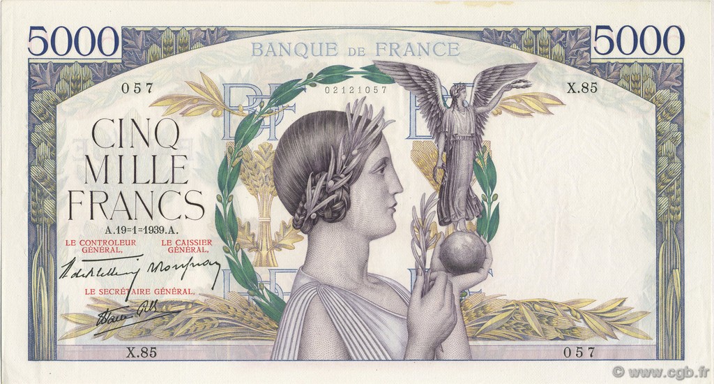 5000 Francs VICTOIRE Impression à plat FRANCE  1939 F.46.02 pr.SPL