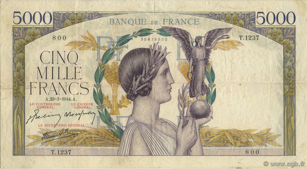 5000 Francs VICTOIRE Impression à plat FRANCE  1944 F.46.50 TTB
