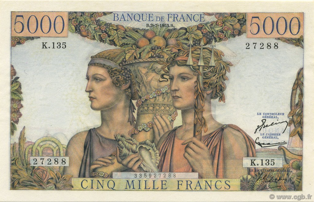 5000 Francs TERRE ET MER FRANCE  1953 F.48.09 NEUF