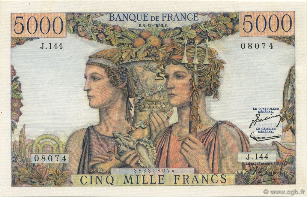 5000 Francs TERRE ET MER FRANCE  1953 F.48.10 pr.NEUF