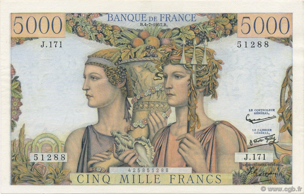 5000 Francs TERRE ET MER FRANCE  1957 F.48.16 UNC-