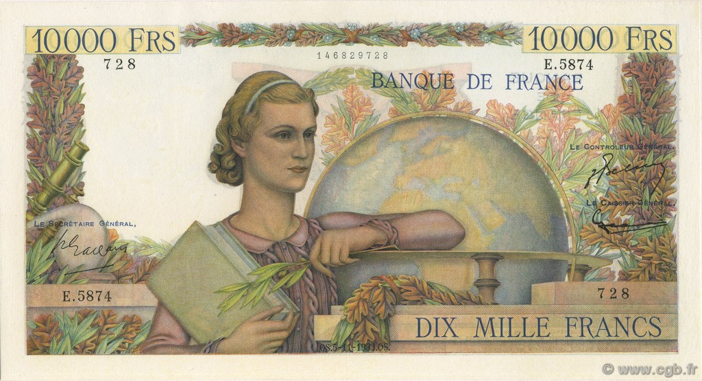 10000 Francs GÉNIE FRANÇAIS FRANCE  1953 F.50.68 XF