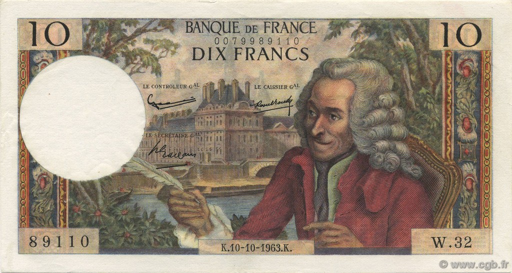 10 Francs VOLTAIRE FRANCE  1963 F.62.04 SUP+