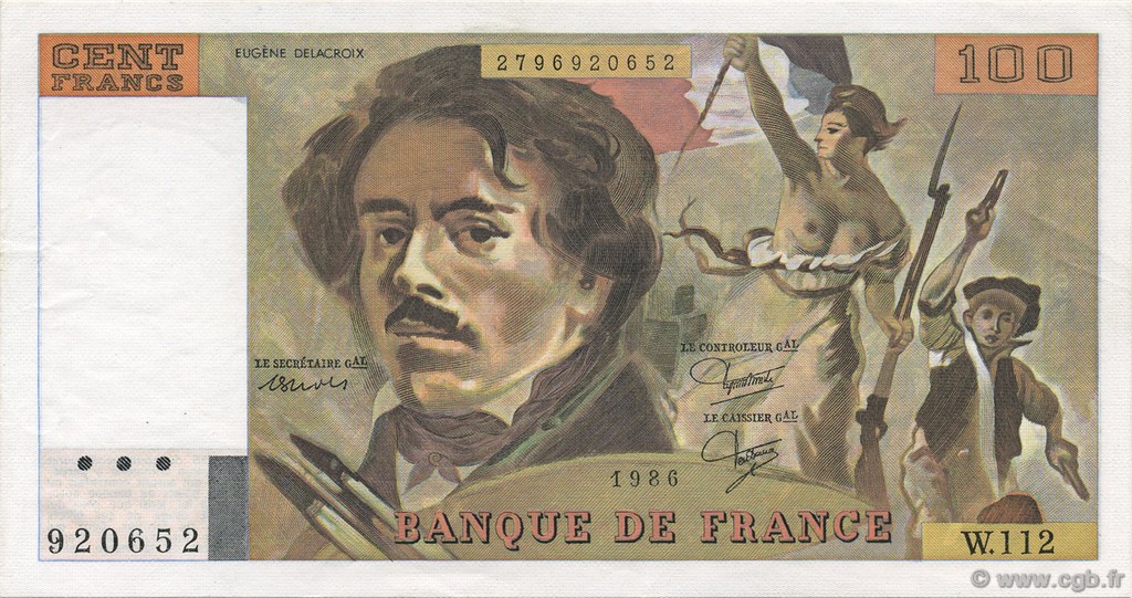 100 Francs DELACROIX modifié FRANCE  1986 F.69.10 pr.SPL