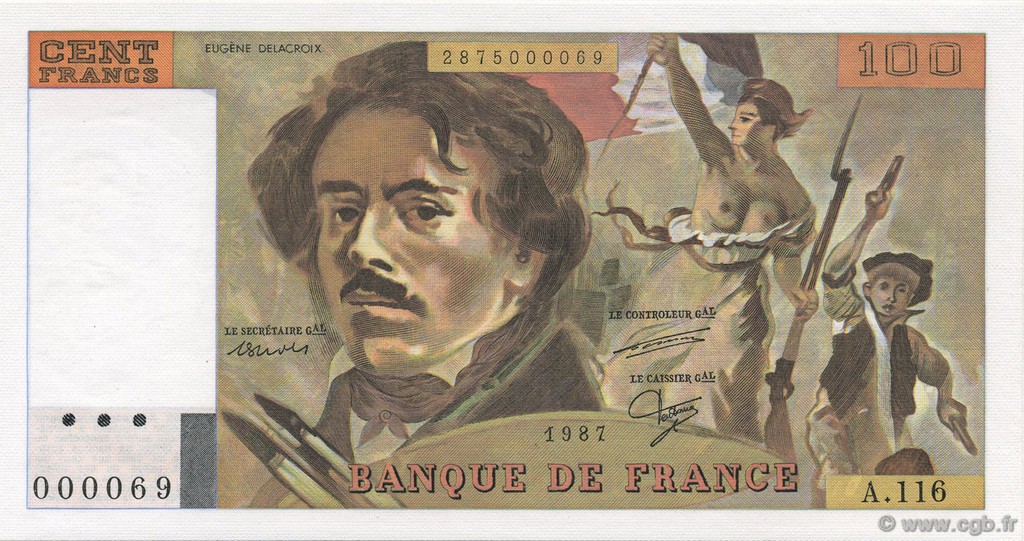 100 Francs DELACROIX modifié FRANCE  1987 F.69.11A116 NEUF