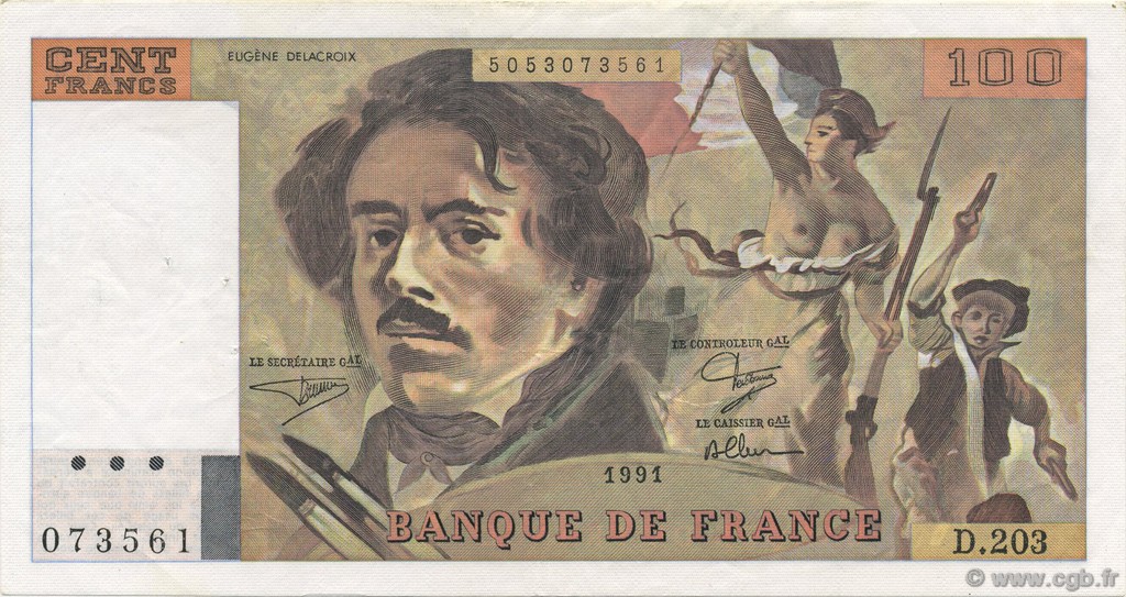 100 Francs DELACROIX imprimé en continu FRANCE  1991 F.69bis.03c2 TTB à SUP