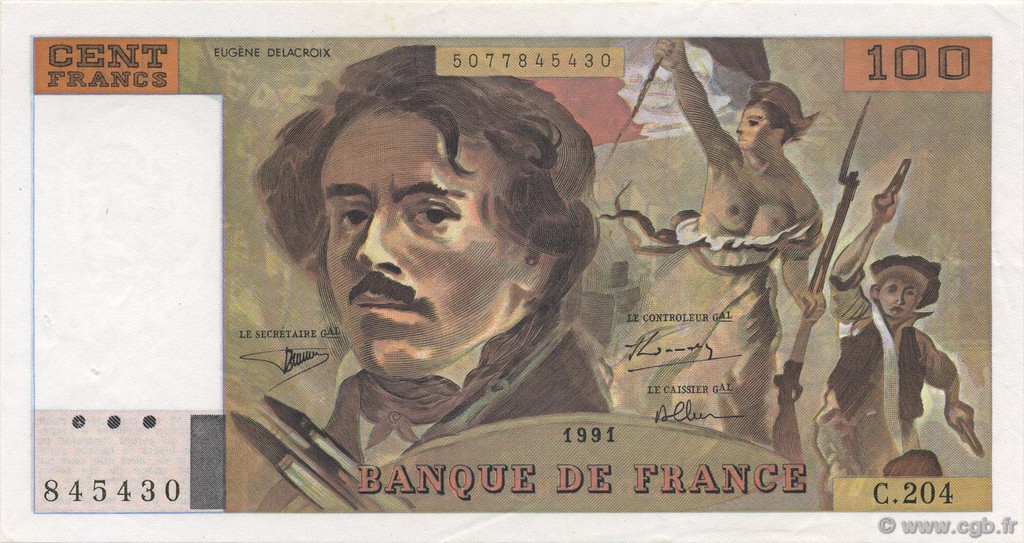 100 Francs DELACROIX imprimé en continu FRANCE  1991 F.69bis.04b AU