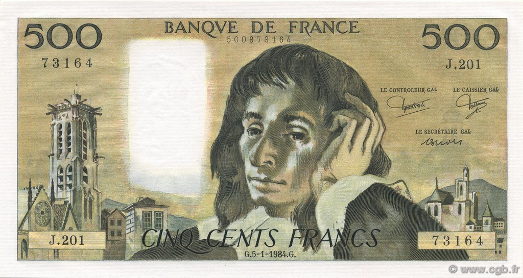 500 Francs PASCAL FRANCE  1984 F.71.30 UNC-