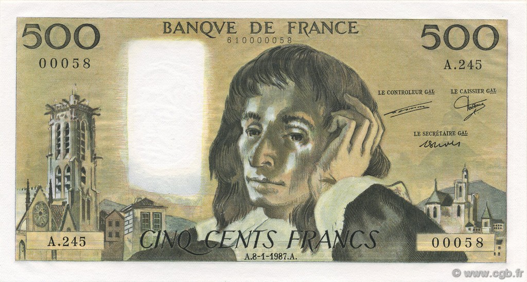 500 Francs PASCAL FRANCE  1987 F.71.35 NEUF