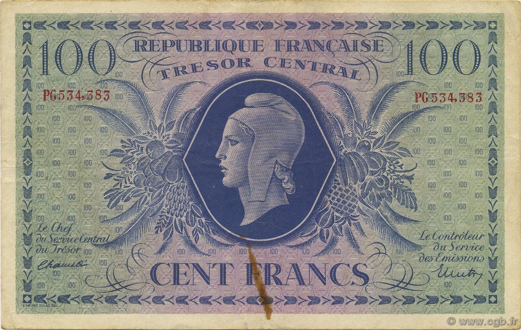 100 Francs MARIANNE FRANCE  1943 VF.06.01a TTB