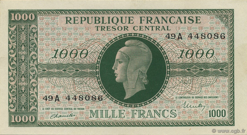1000 Francs MARIANNE chiffres gras FRANCE  1945 VF.12.01 SUP+