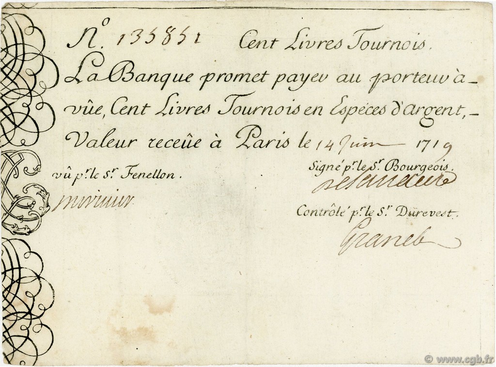 100 Livres Tournois Gravé FRANCE  1719 Laf.77 TTB+