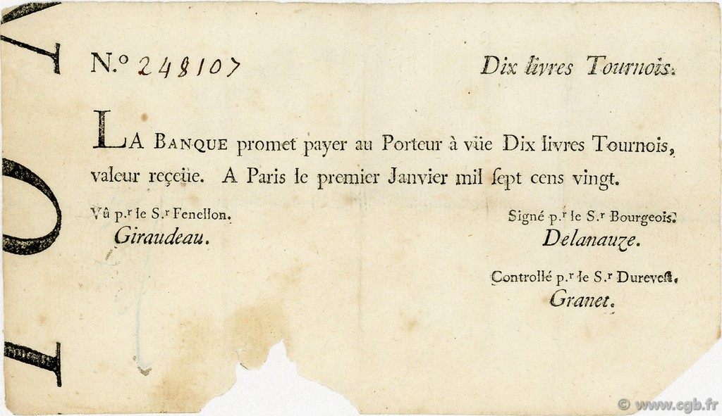 10 Livres Tournois typographié FRANCE  1720 Laf.87 TB