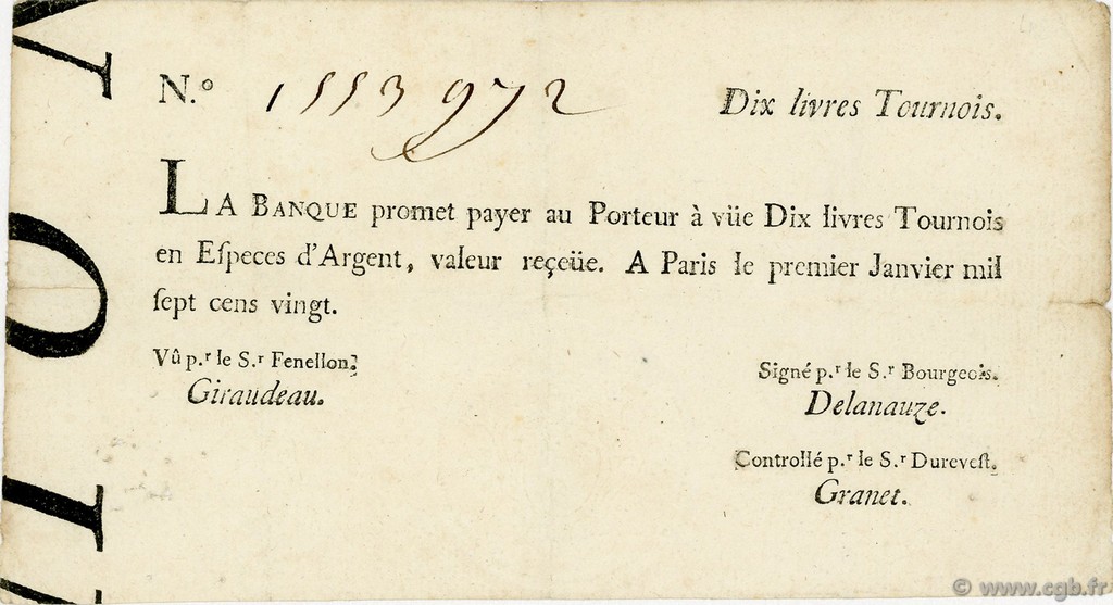 10 Livres Tournois typographié FRANCE  1720 Laf.89 TTB