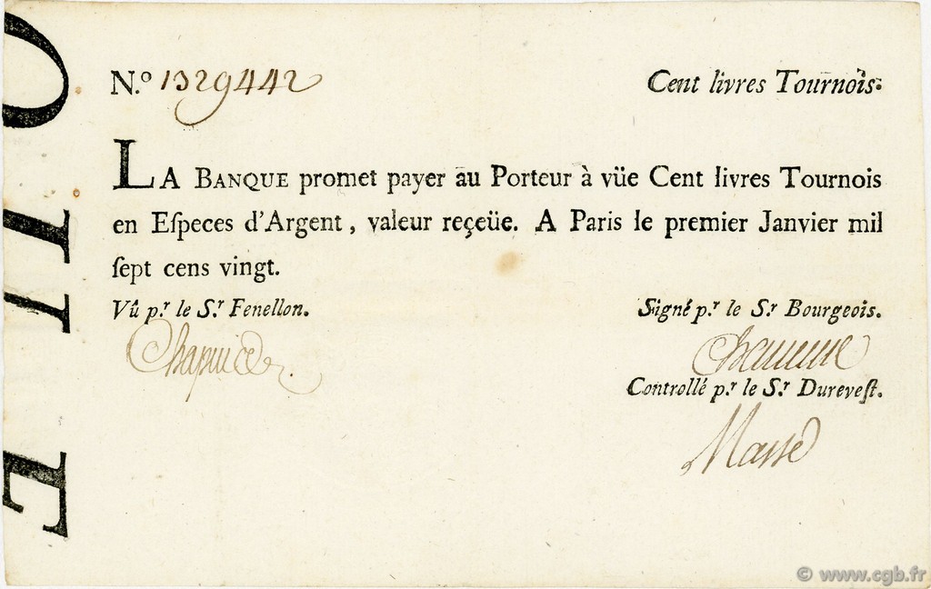 100 Livres Tournois Typographié FRANCE  1720 Laf.090 TTB+