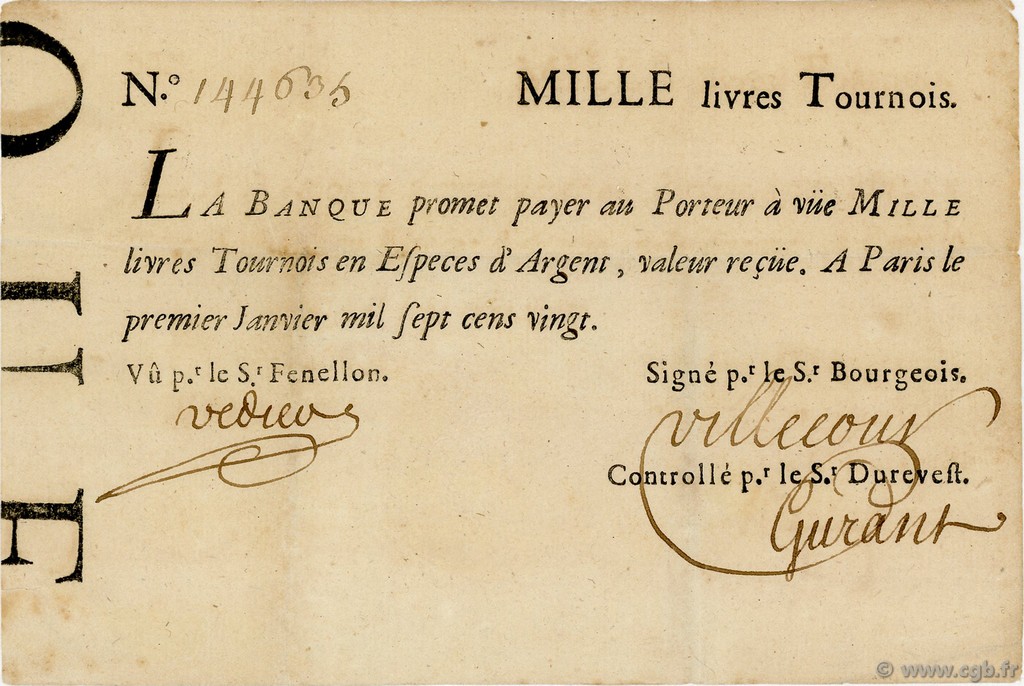 1000 Livres Tournois Typographié FRANCE  1720 Laf.91x TTB