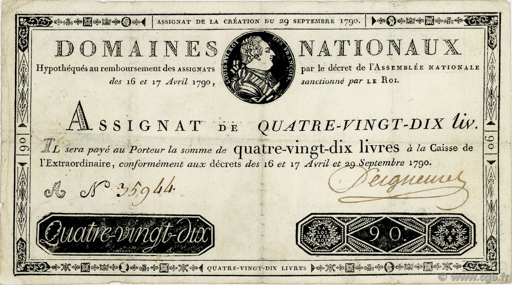 90 Livres FRANCE  1790 Ass.08a TTB