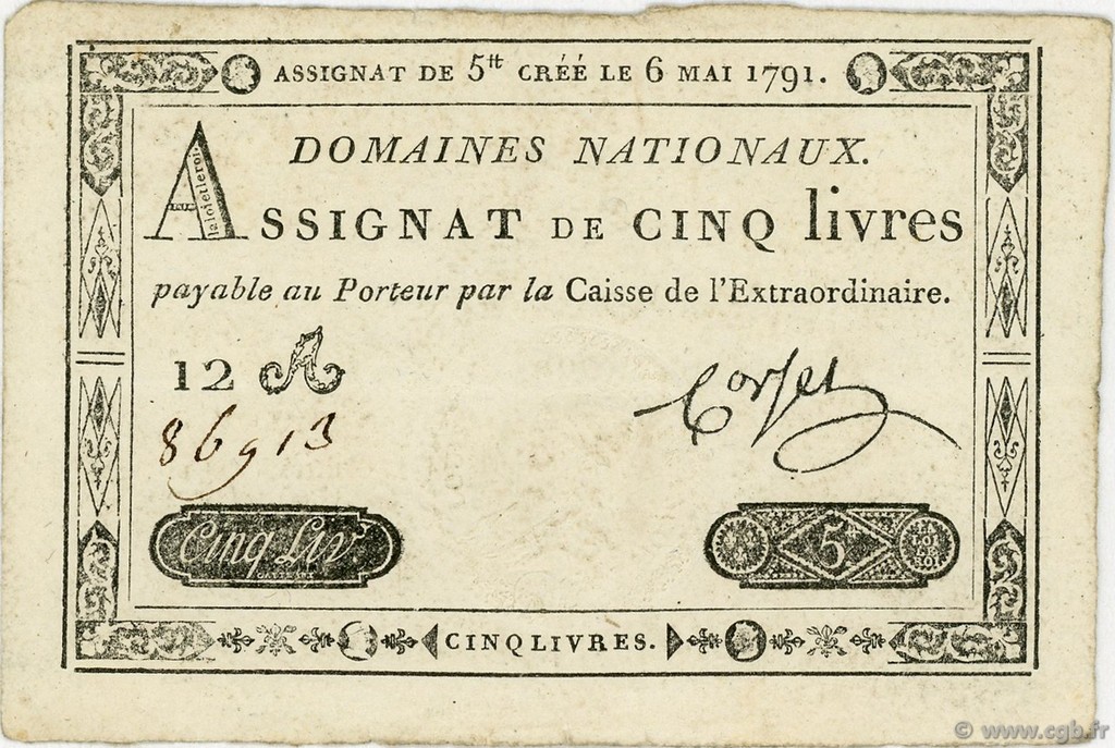 5 Livres FRANCE  1791 Ass.12a TTB+