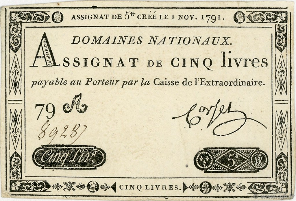 5 Livres FRANCE  1791 Ass.20a SUP