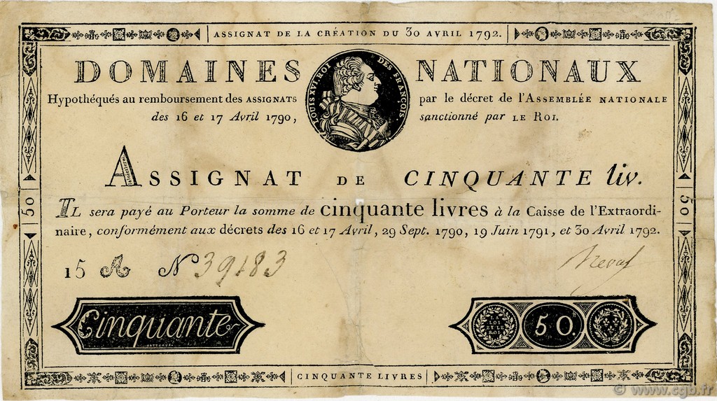 50 Livres FRANCE  1792 Ass.28a TB
