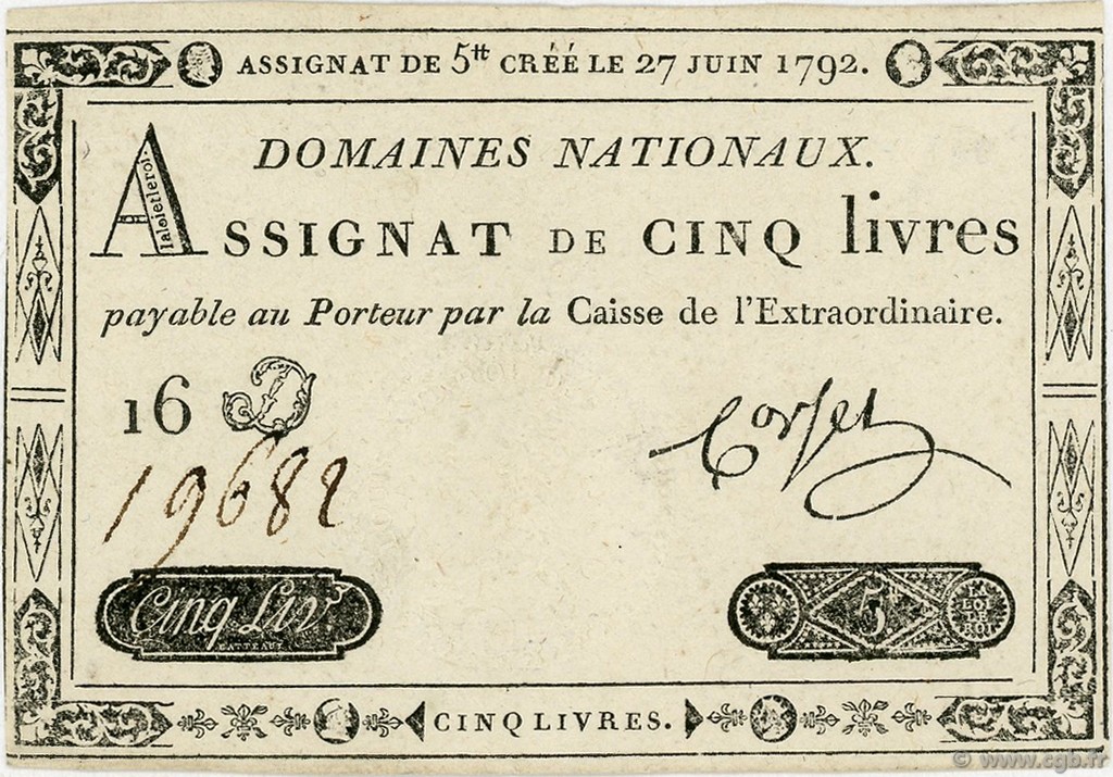 5 Livres FRANCE  1792 Ass.30a SPL