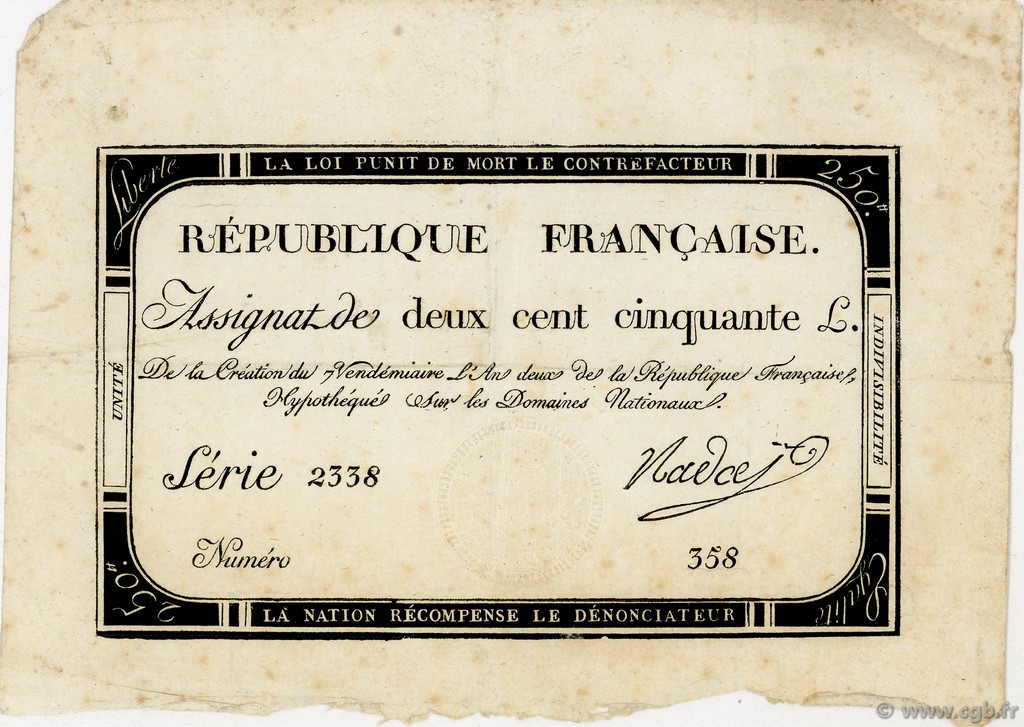 250 Livres FRANCE  1793 Ass.45a TTB
