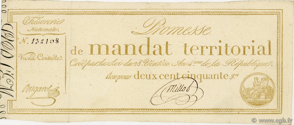250 Francs Sans série FRANCE  1796 Ass.61a pr.SUP