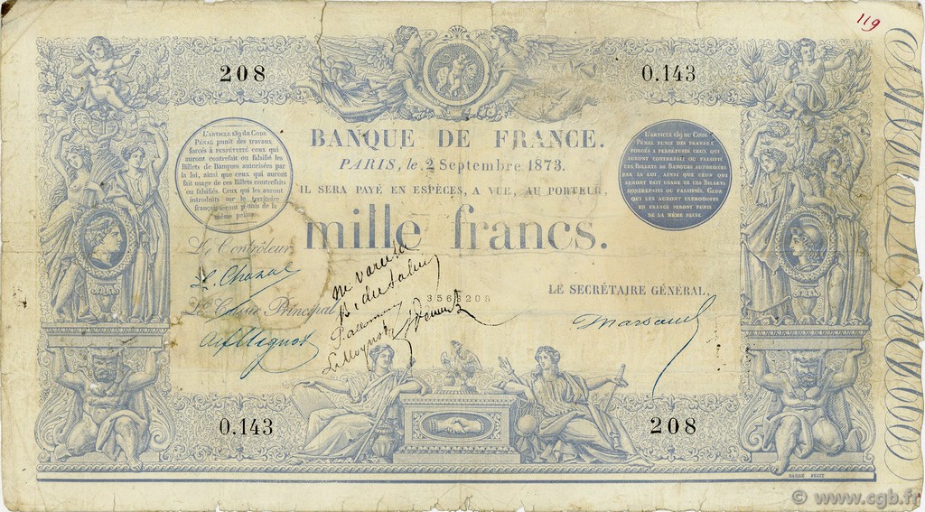 1000 Francs type 1862 indices noirs FRANCE  1873 F.A41.08 TB