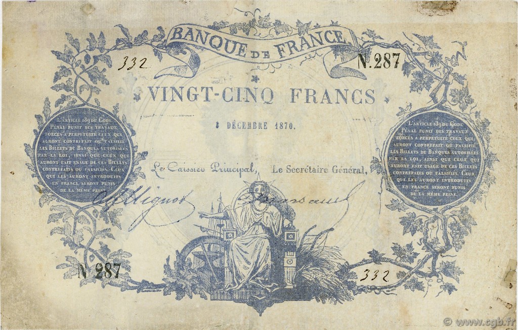 25 Francs type 1870 Clermont-Ferrand FRANCE  1870 F.A44.01x TTB
