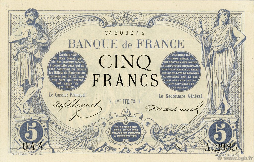 5 Francs NOIR FRANCE  1873 F.01.21 pr.SPL