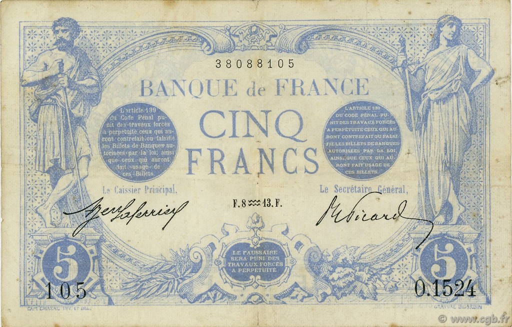 5 Francs BLEU FRANCE 1913 F.02.13 TB+