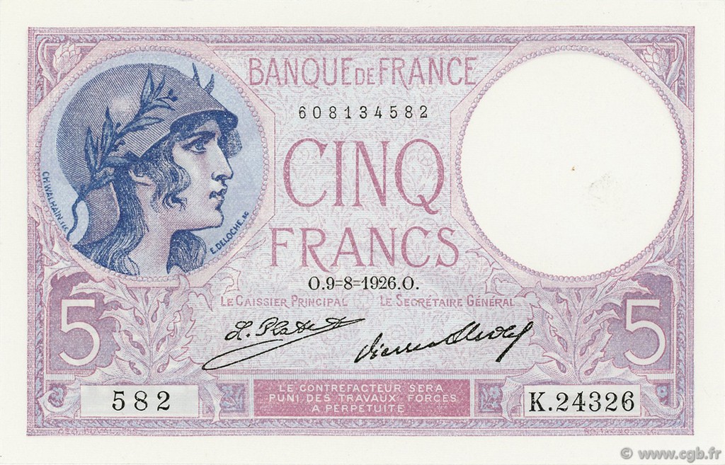 5 Francs FEMME CASQUÉE FRANCE 1926 F.03.10 pr.NEUF