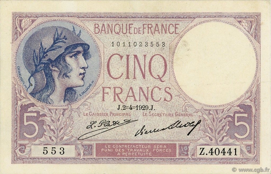 5 Francs FEMME CASQUÉE FRANKREICH 1929 F.03.13 fVZ