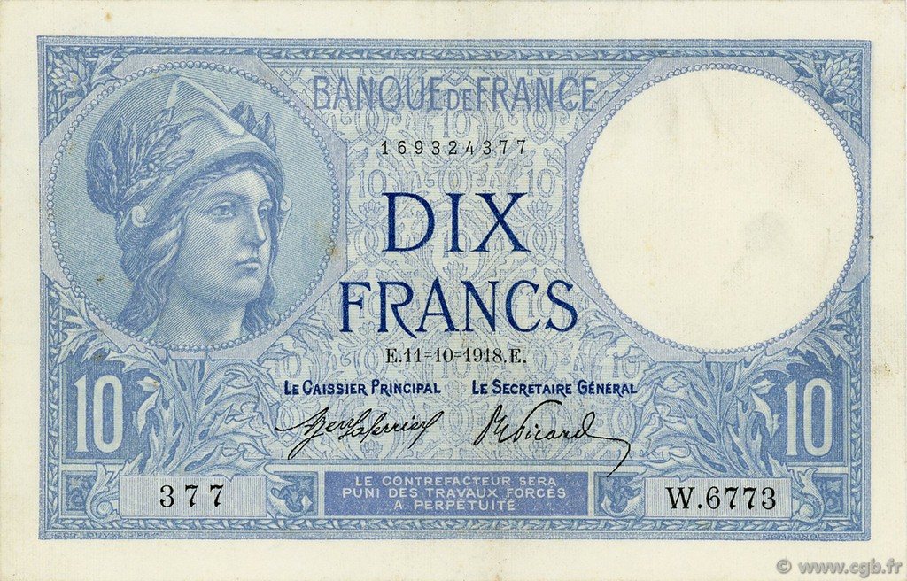 10 Francs MINERVE FRANCE  1918 F.06.03 TTB