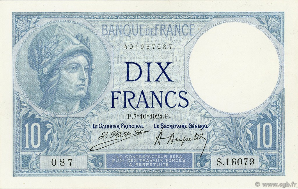 10 Francs MINERVE FRANCE  1924 F.06.08 SPL