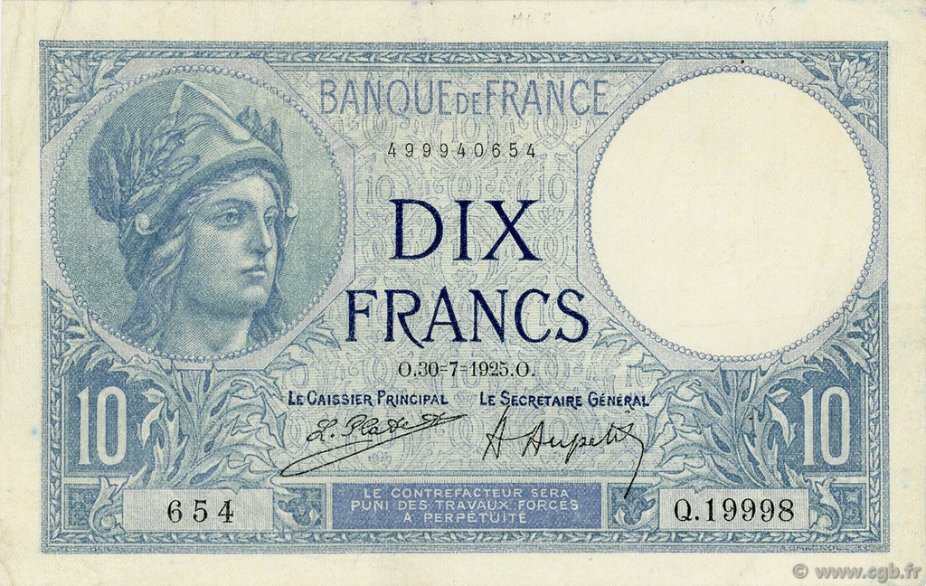 10 Francs MINERVE FRANCE  1925 F.06.09 TTB+