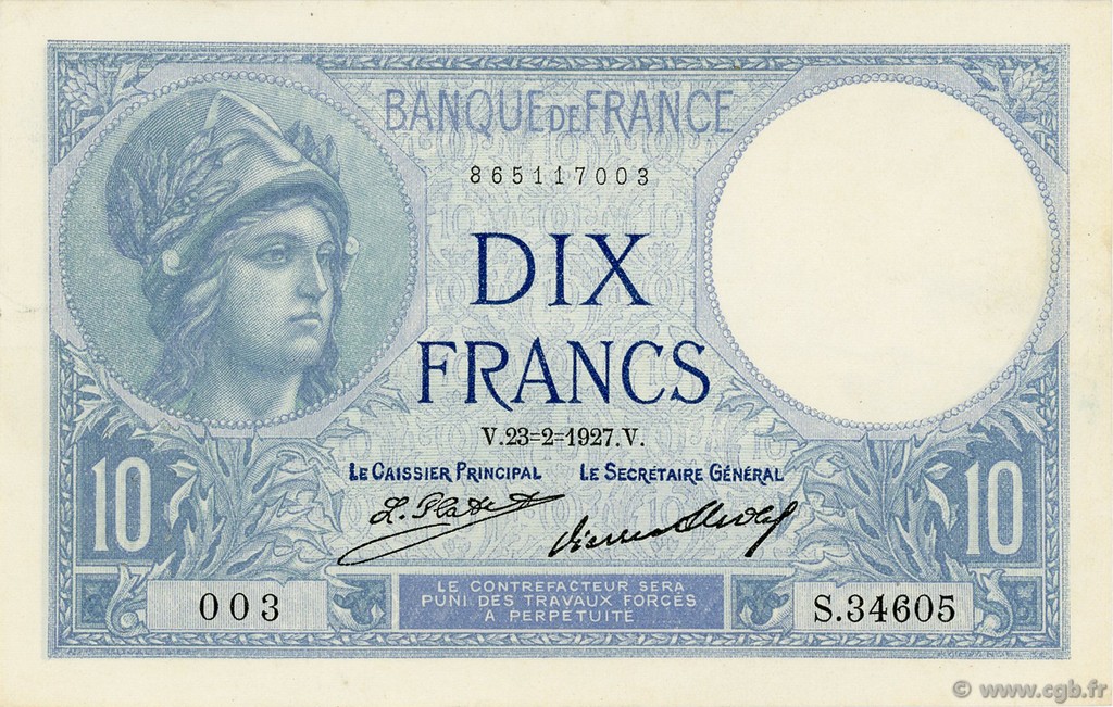 10 Francs MINERVE FRANCIA  1927 F.06.12 BB