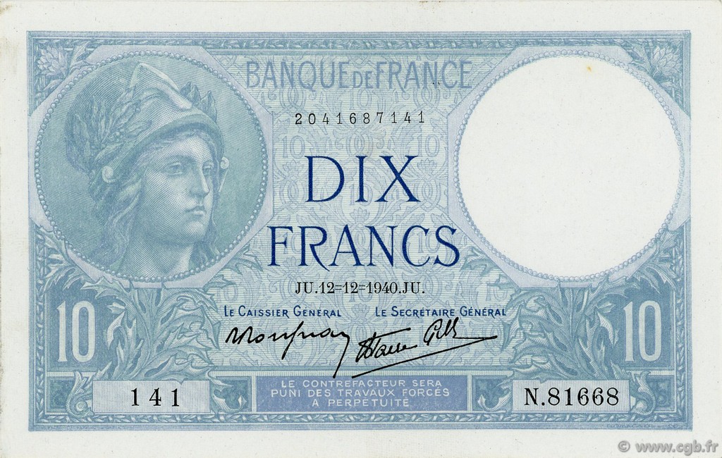 10 Francs MINERVE modifié FRANCE  1940 F.07.24 SPL