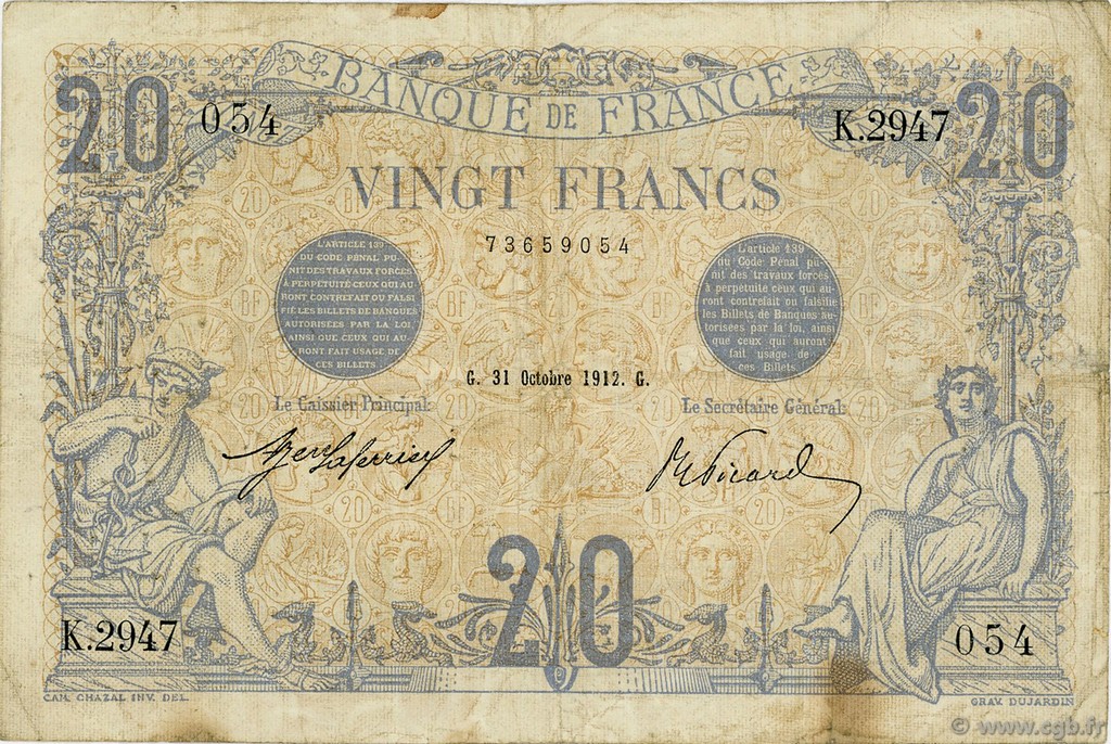 20 Francs BLEU FRANCE  1912 F.10.02 B+