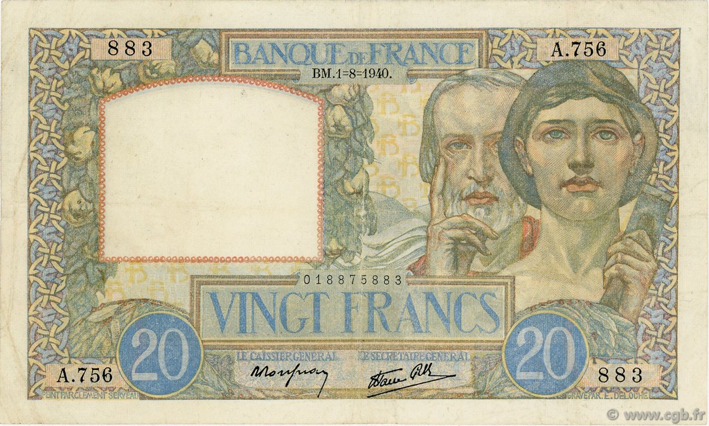 20 Francs TRAVAIL ET SCIENCE FRANCE  1940 F.12.05 pr.TTB