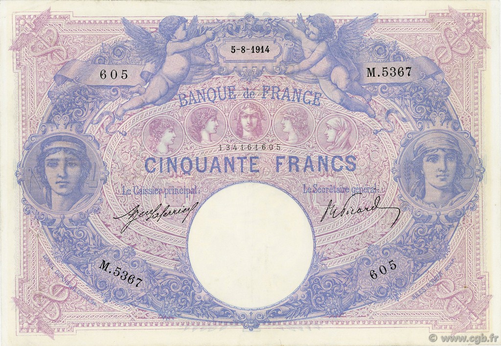 50 Francs BLEU ET ROSE FRANCE  1914 F.14.27 TTB