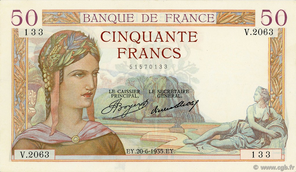 50 Francs CÉRÈS FRANCE  1935 F.17.11 TTB+